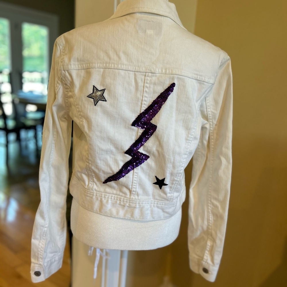Levi’s White Denim Jacket Sequin Lightning Bolt Rockstar Festival Custom